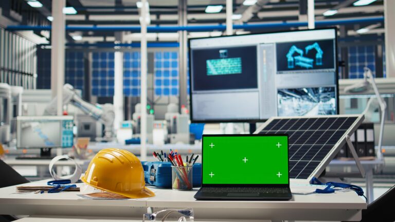 Green screen laptop in photovoltaics factory used to monitor performance